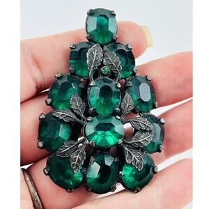 Green Rhinestone Vintage Dress Scarf Clip Fur 1920's 1930s 1940s Leaves Emerald